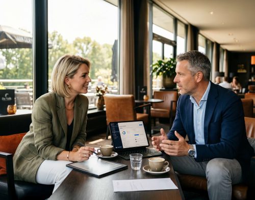 Twee ondernemers in gesprek aan tafel