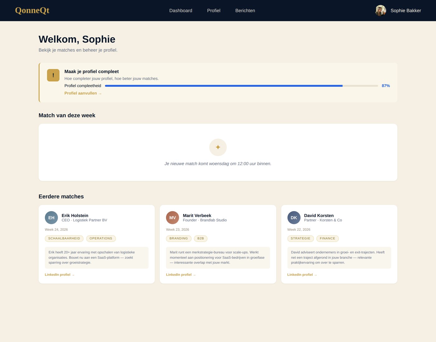 QonneQt dashboard met wekelijkse matches